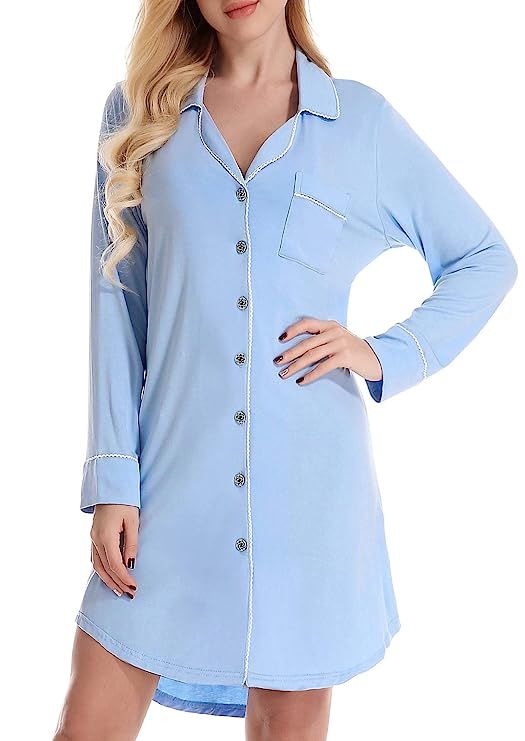 NORA TWIPS Women Long Sleeve Pajama Top Buttom Down Sleep Shirt Dress (XS-XL) | Amazon (US)