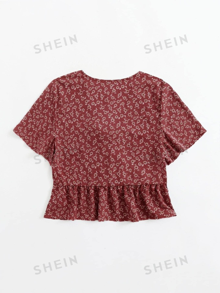 SHEIN VCAY Ditsy Floral Tie Front Peplum Blouse | SHEIN