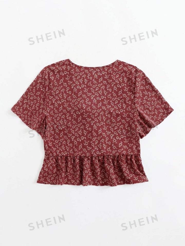 SHEIN VCAY Ditsy Floral Tie Front Peplum Blouse | SHEIN