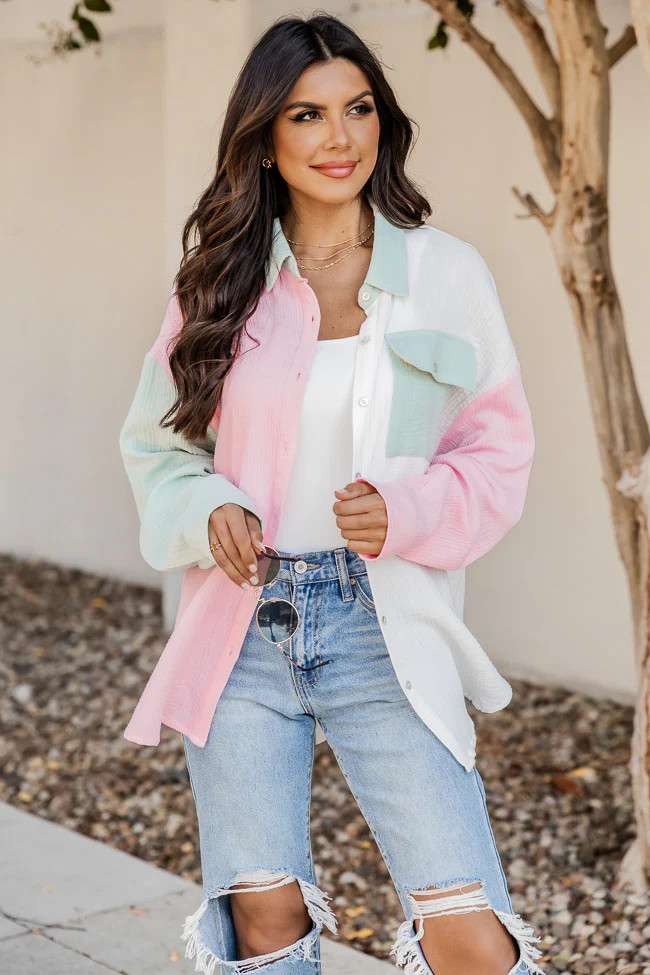 Just So You Know Sage And Pink Colorblock Button Up Gauze Blouse | Pink Lily