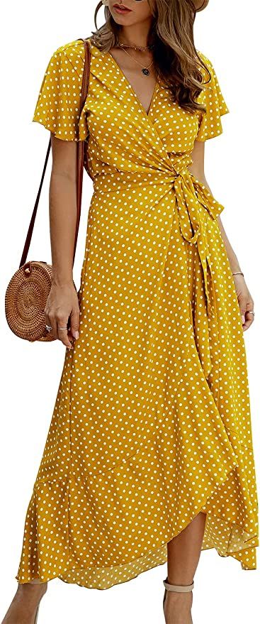 YACUN Women Summer Polka Dot Wrap Dress V Neck High Split Casual Maxi Dresses | Amazon (US)