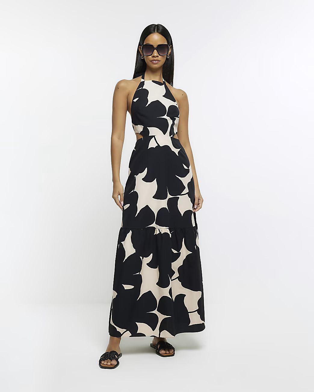 Black floral halter neck swing maxi dress | River Island (US)