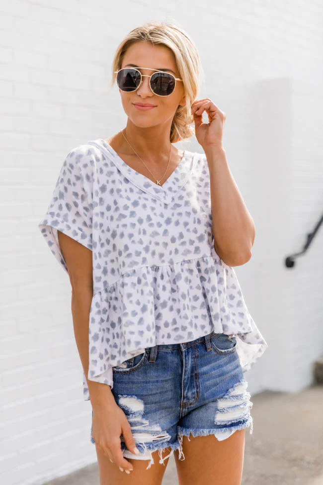 Never Serious Animal Print Peplum Grey Blouse | The Pink Lily Boutique