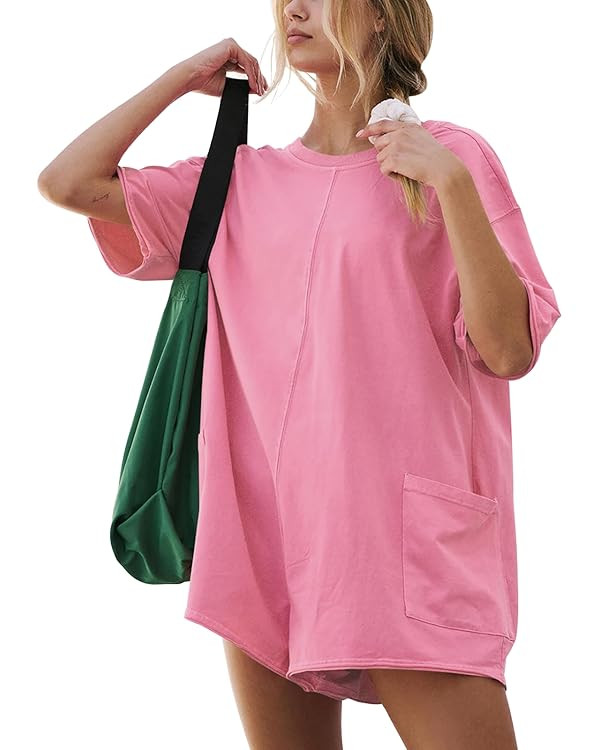Rompers for Women Casual Short Sleeve Oversized Athletic Hot Shot T Shirt Romper Overall Shorts J... | Amazon (US)