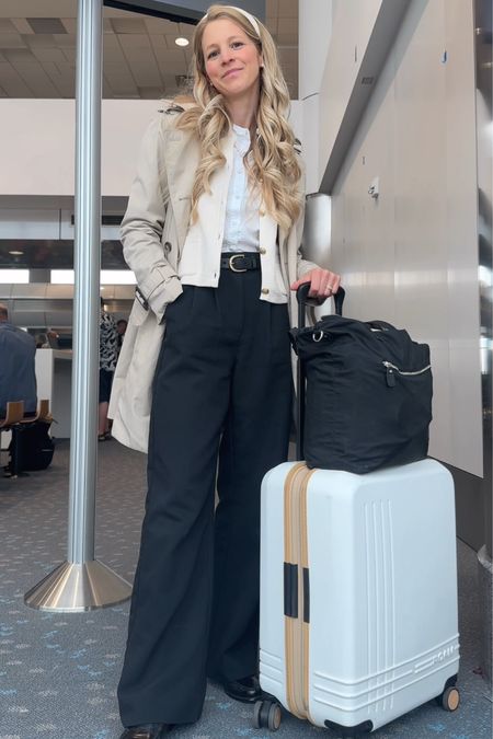 Airport outfit, travel outfit

White top, jcrew Emilie sweater, Abercrombie Sloan pants, gh bass weejuns, London fog trench coat

Loafer, trousers, embroidered top, classic style, airport fit, leather belt, black pants, chic, preppy, gold button sweater

#LTKxMadewell #LTKTravel #LTKStyleTip