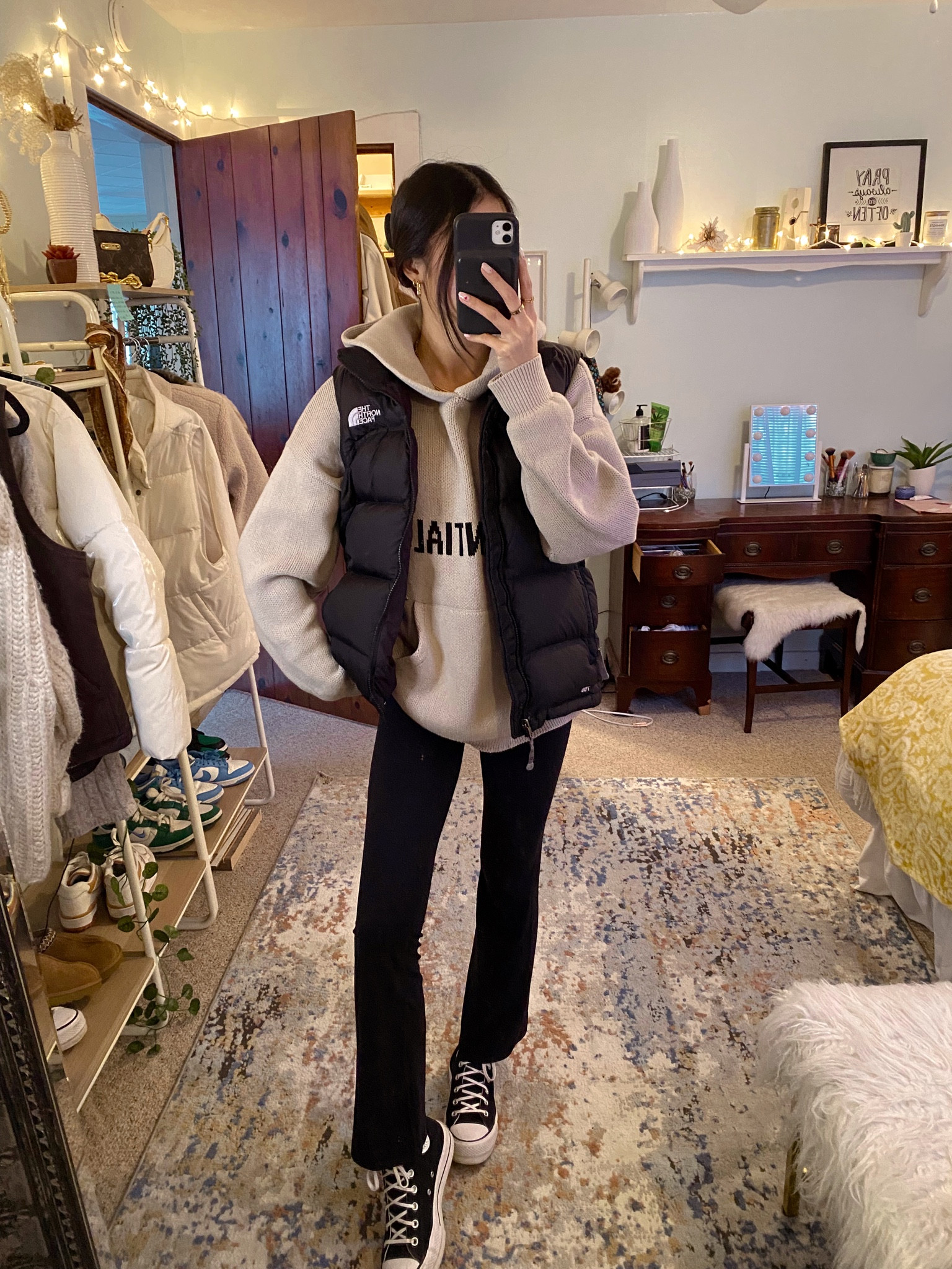 Outfit of the day, essentials knit hoodie, everyday look, everyday outfit, casual outfit inspiration, Aritzia leggings, vest look, campus outfit inspiration, school ootd 

#LTKfit #LTKstyletip #LTKFind
