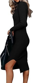 ANRABESS Women's Long Sleeve Ribbed Sweater Dress Turtleneck Slim Fit Slit Midi Dress | Amazon (US)
