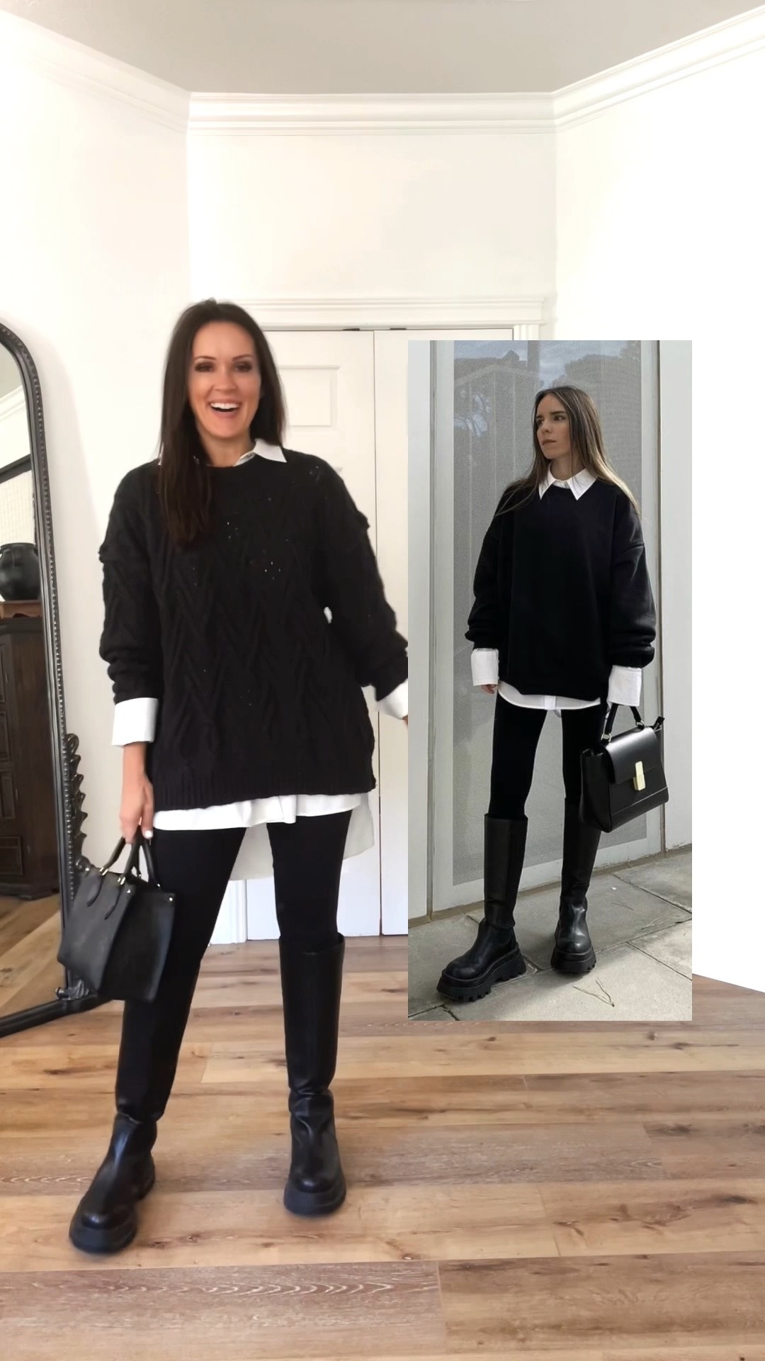 Recreating Pinterest looks as a mom over 40 with Spanx look at me now leggings, the best leggings you’ll ever own!

Sizing:
Sweater is oversized. Wearing small
Button down is oversized. Wearing small
Leggings-size up on Spanx. Wearing medium. 
Boot-TTS 

Fall look | black leggings | free people | Sam Edelman Esma boot .| tall black boots | chunky boots | Chelsea | oversized sweater | black and white | casual outfit 

#LTKunder50 #LTKunder100 #LTKstyletip