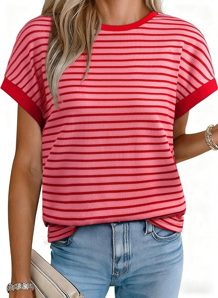 Acelitt Women’s Short Sleeve Knit Tops 2026 Trendy Crewneck Striped T Shirts Casual Summer Blou... | Amazon (US)