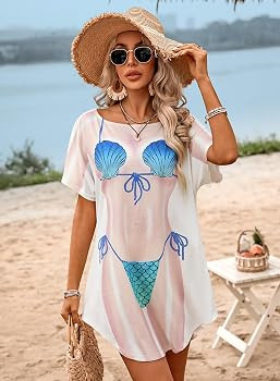 ALIREVERIE Women's Funny Bikini Shirt Cover Up Beach Pool Party Short Sleeve T-Shirt Dress | Amazon (US)