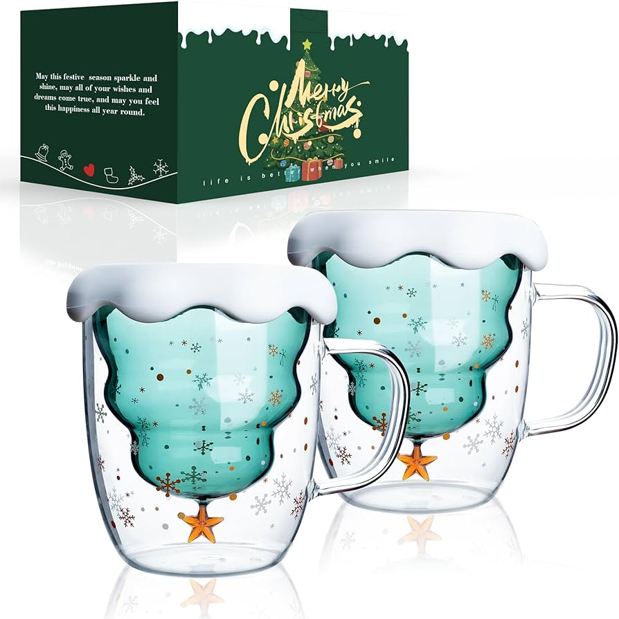 LIBWYS 2 Pack Christmas Mugs, Double Walled Borosilicate Christmas mug set with Snowflake Lid, Cu... | Amazon (US)