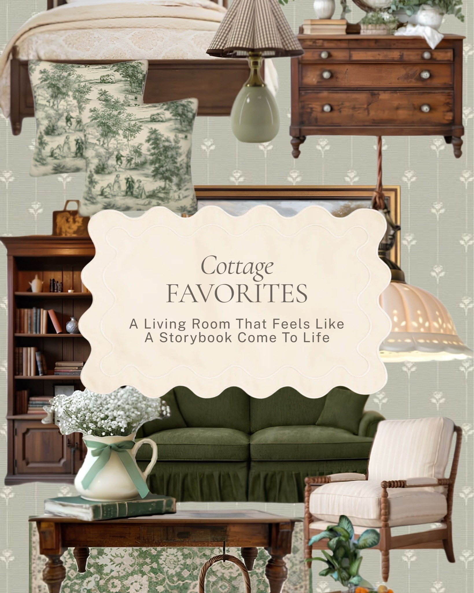 The living room that stops you in your tracks ✨ 

A forest green skirted sofa, toile pillows, a dark wood bookcase, a ceramic pendant, a spindle arm chair, and baby's breath in a pitcher that ties the whole room together. 

All linked here 🤍 

#LTKhome