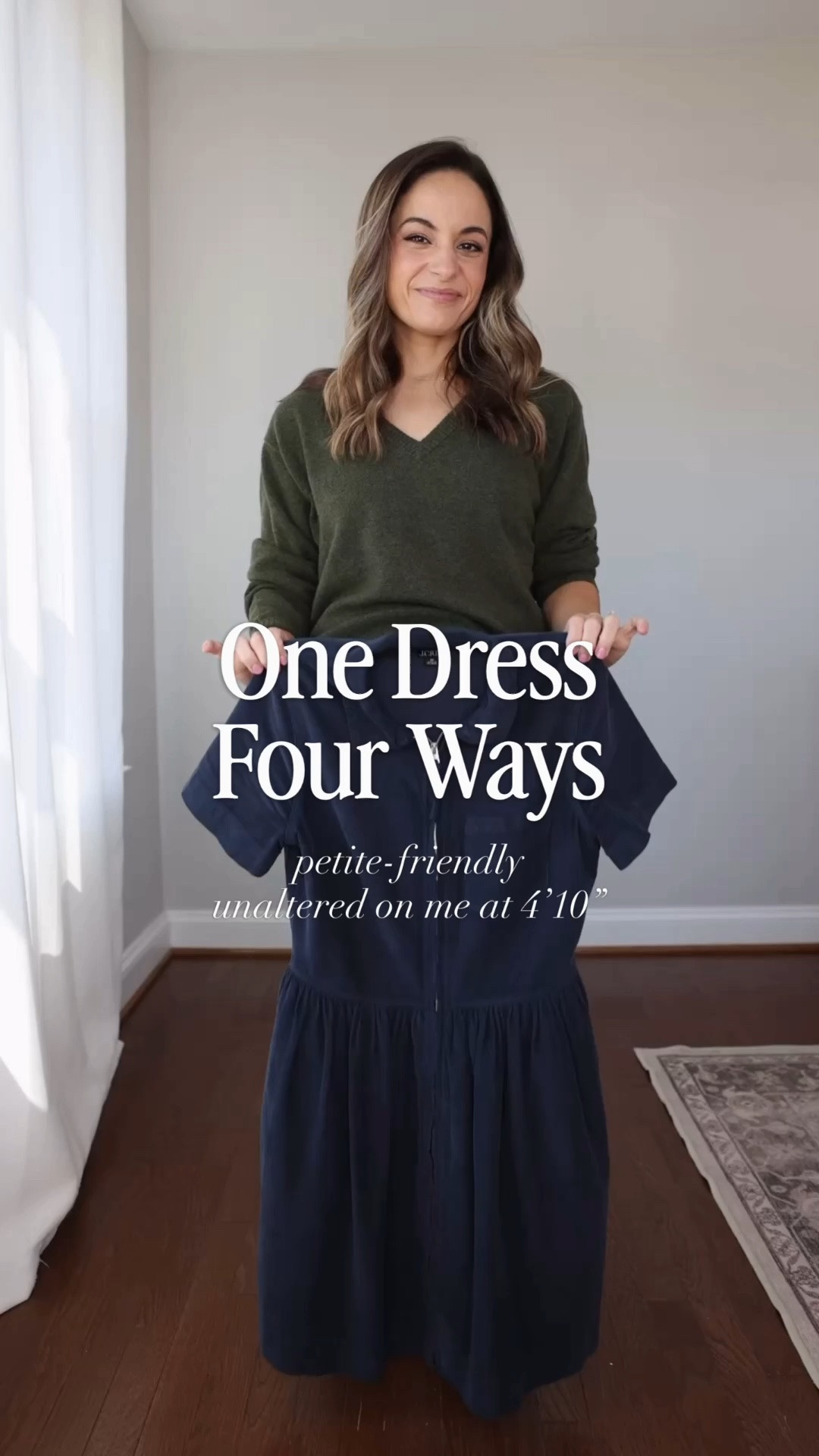 One corduroy dress, four ways to wear it! 

Dress: 00 - also comes in petite! 

Outfit 1 
Flats (Sam Edelman): true to size 
Bag (Madewell) 

Outfit 2 
Boots (Sam Edelman): true to size 15” shaft in a size 5, increases as sizes increase 
Shawl (Sezane): secured with a magnet, linked below 

Outfit 3
Sweater (J.Crew): xxs 
Sneakers (Gola): true to size

Outfit 4
Blazer (J.Crew): petite 00 
Loafers (Sam Edelman): true to size

#LTKPetite