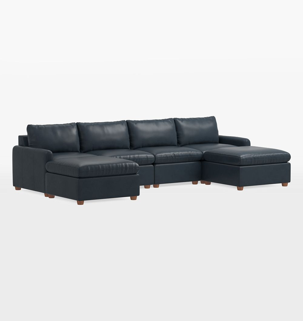 Roswell Leather 6-Piece Double Ottoman Sectional Sofa, Classic - Southwick Deep Sea Navy | Rejuvenation