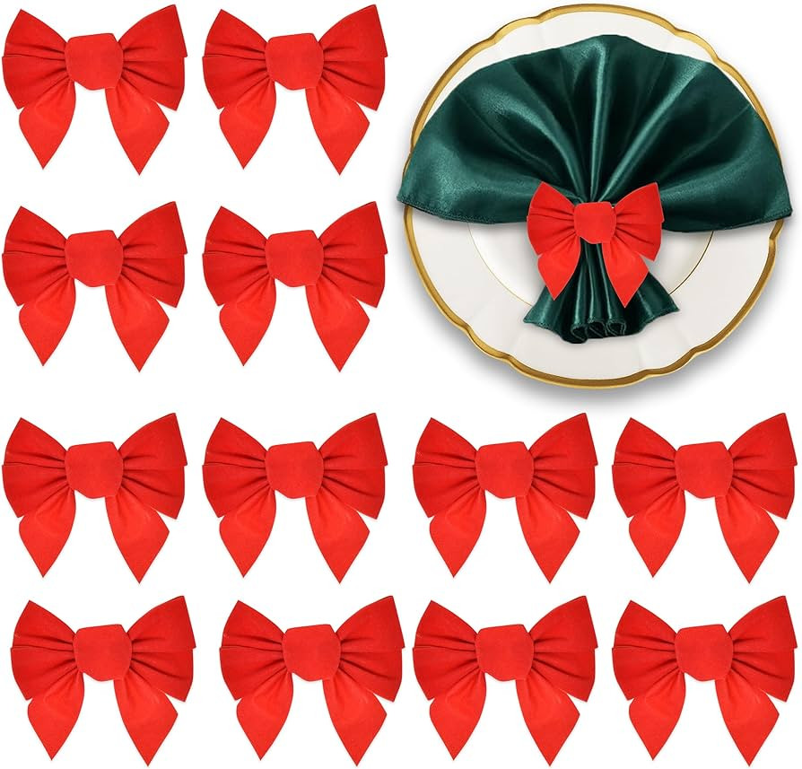 Gift Boutique - Set of 12 Christmas Napkin Rings Red Velvet Bow Xmas Napkins Holder Ring for Holi... | Amazon (US)