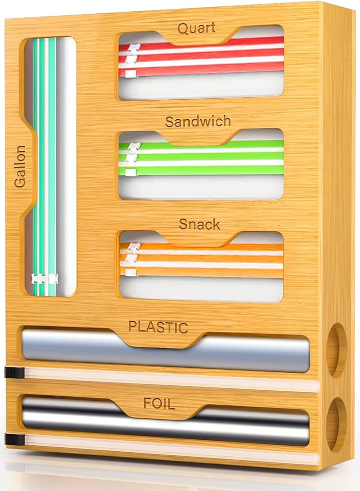 KOCWELL Bag Organizer with Cutter, 6 In 1 Bamboo Foil and Plastic Wrap Organizer for Kitchen, Foo... | Amazon (US)