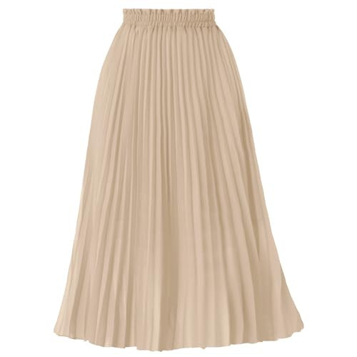 GOOBGS Women's Pleated A-Line High Waist Swing Flare Midi Skirt Beige Large | Amazon (US)