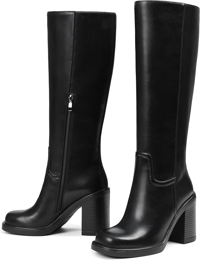Womens Knee High Boots Wide Calf - Square Toe Platform Tall Boots Chunky Block Heel, Faux Leather... | Amazon (US)