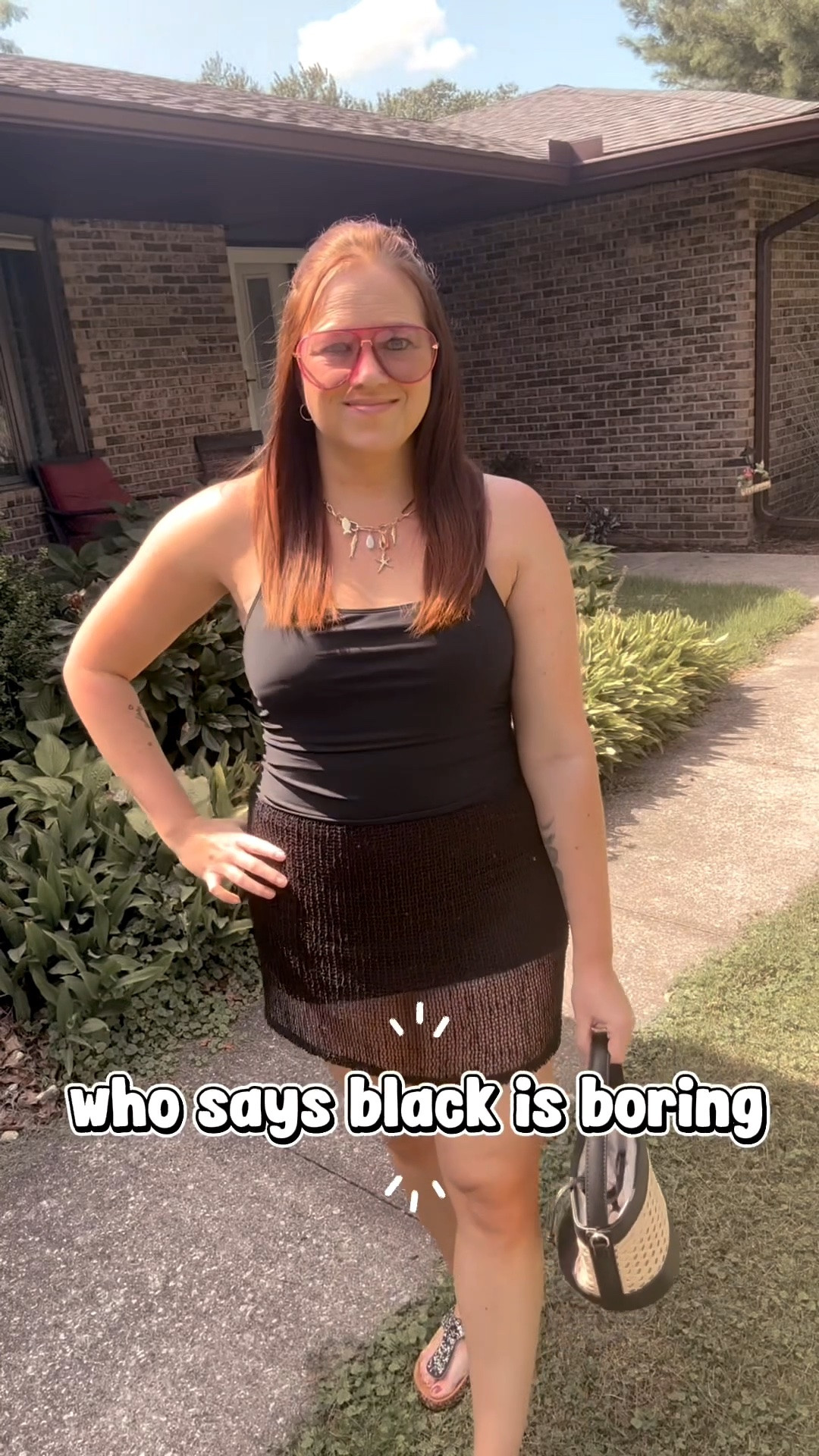 Who says black has to be boring?!
Black sequin swim cover skirt, black sequin sandals, adding pink sunglasses and a fun necklace 🙌🏼
This swimsuit is mom tummy approved! 👏🏼👏🏼
Wearing medium in both.

#LTKmomlife #LTKSeasonal #LTKSwim