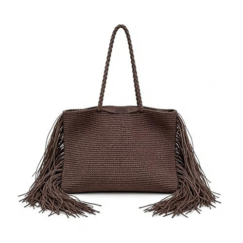 Fringe Woven Bag Tassel Straw Side Fringe Trim Boho Slouchy Handbag Large Summer Beach Shopping Knitted Knit Crochet Tote Bag for Woman (Coffee) | Amazon (US)