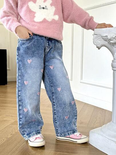 SHEIN Young Girl Heart Embroidered Loose Fit Straight-Leg Casual Jeans Summer Holiday | SHEIN