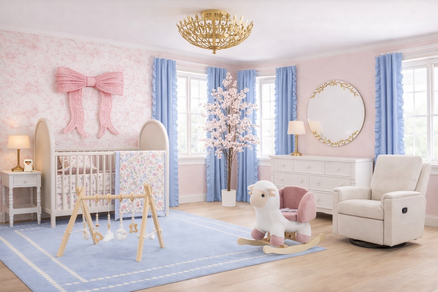 A dreamy baby girl nursery featuring soft blush walls, delicate floral wallpaper, a statement bow above the crib, and calming blue accents. The cherry blossom tree and gold chandelier add the sweetest elegant touch to this cozy and feminine nursery design.

#LTKHome #LTKU #LTKBaby