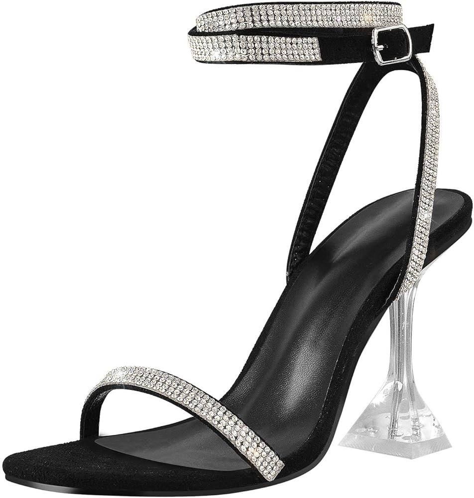 LISHAN Women's Square Toe Rhinestones Clear High Heels | Amazon (US)