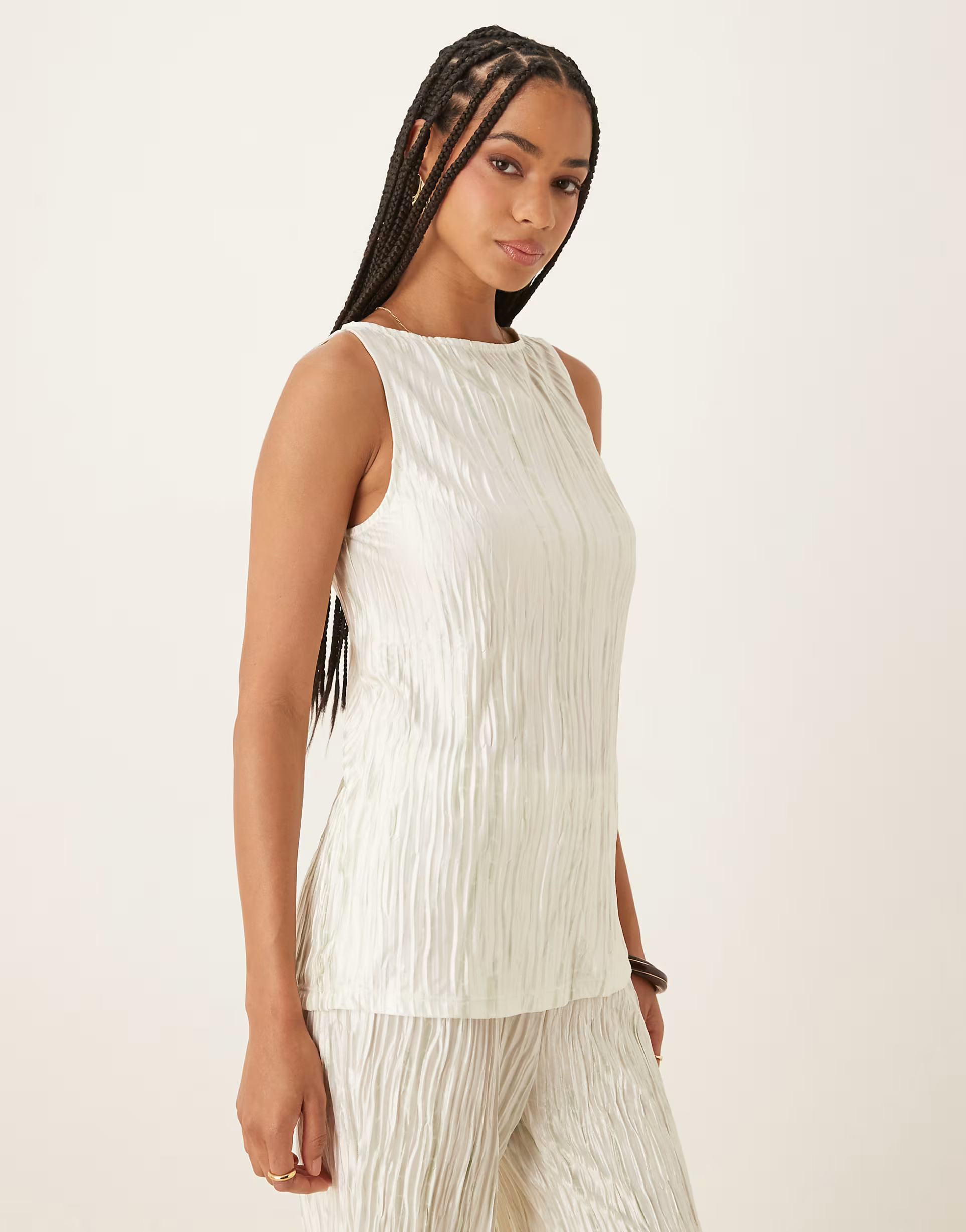 Vila plisse slash neck sleeveless top and high waisted wide leg trousers set in pale silt green t... | ASOS (Global)