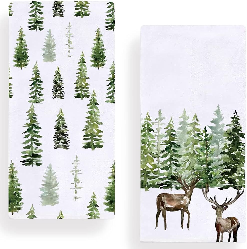 Watercolor Christmas Tree Kitchen Towels Dish Towels, 18 x 28 Inch Winter Xmas Reindeer Tea Towel... | Amazon (US)