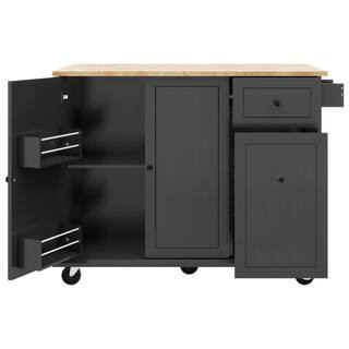 Tileon Black Wood 53 in. Rolling Kitchen Island with Drop Leaf & 3 Tier Pull Out Cabinet Organize... | The Home Depot