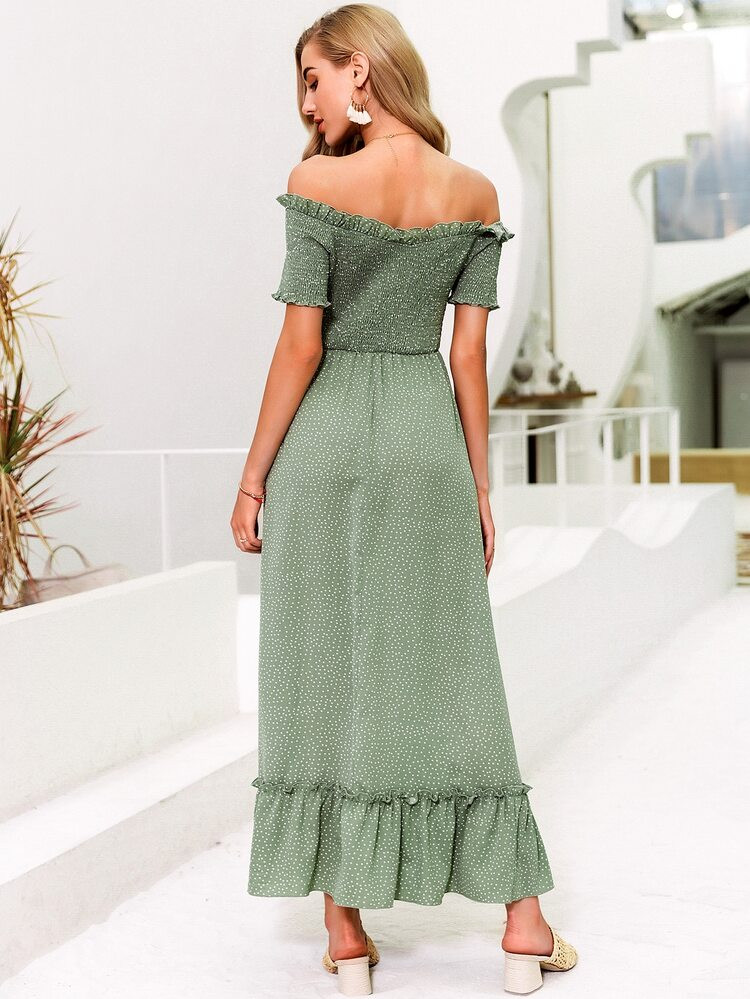 Simplee Off Shoulder Shirred Bodice Ruffle Trim Split Dot Dress | SHEIN