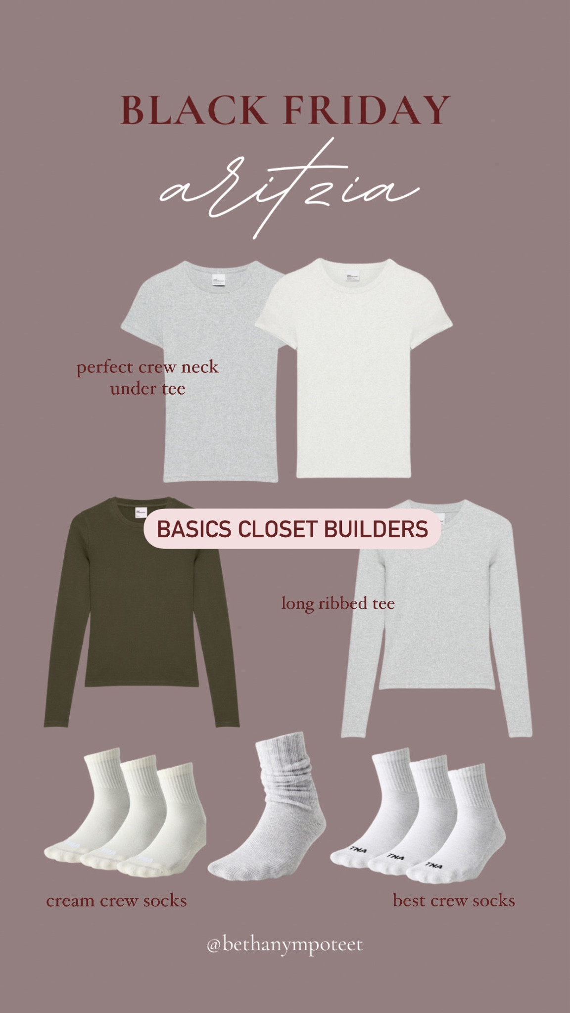 Aritzia Black Friday sale is a great time to snag the best basics to build your closet on! I have the ribbed tees and the socks and wear them daily! The socks also make a great stocking stuffer or something to pair with a cozy gift  

#LTKCyberWeek #LTKSaleAlert #LTKFindsUnder50