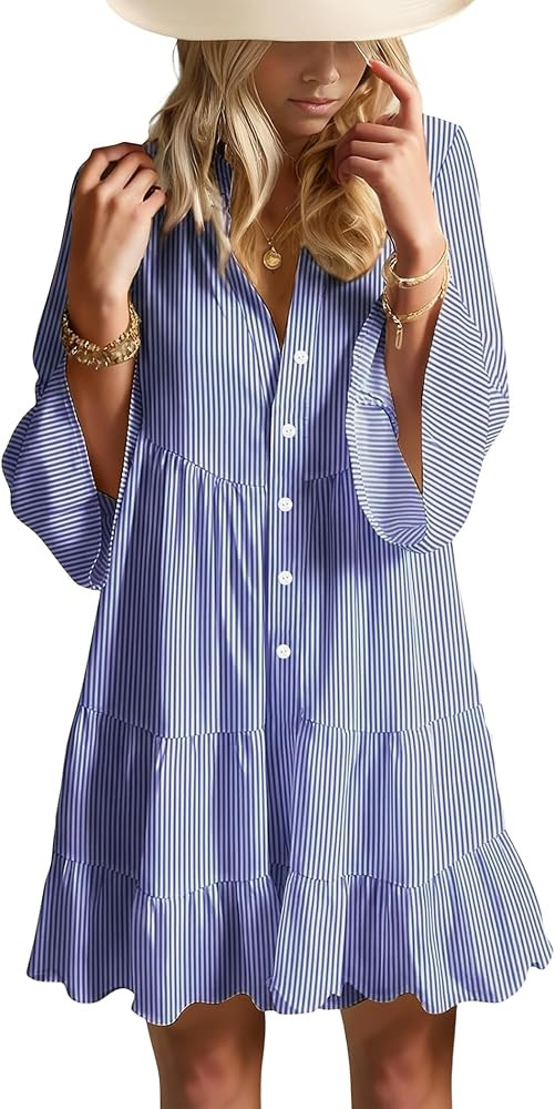 Opemiby Summer Dresses for Women 2026 Flowy Ruffle 3/4 Sleeve V Neck Tiered Casual Babydoll Boho ... | Amazon (US)
