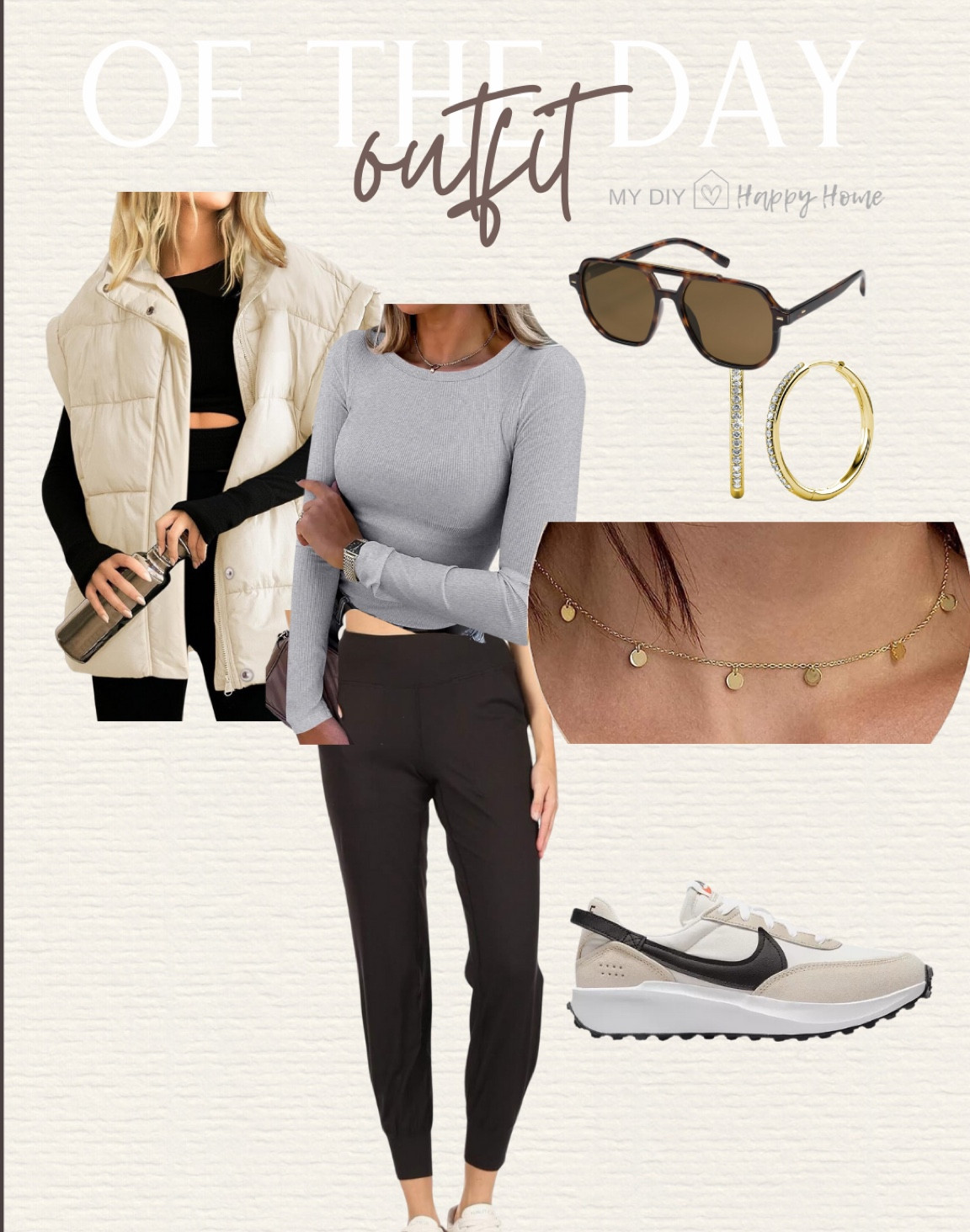 Todays OOTD

Puffer vest
Long sleeve basic top
Joggers 
Nike sneakers 
Sunglasses 
Earrings 
Disc necklace 

#LTKShoeCrush #LTKSeasonal #LTKMidsize