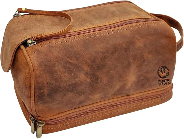 Genuine Leather Travel Toiletry Bag - Dopp Kit Organizer By Rustic Town (Brown) | Amazon (US)