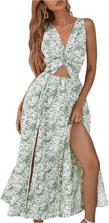 OYOANGLE Women's Boho Ditsy Floral Cut Out Twist V Neck Split Hem Tie Backless Sleeveless Summer ... | Amazon (US)