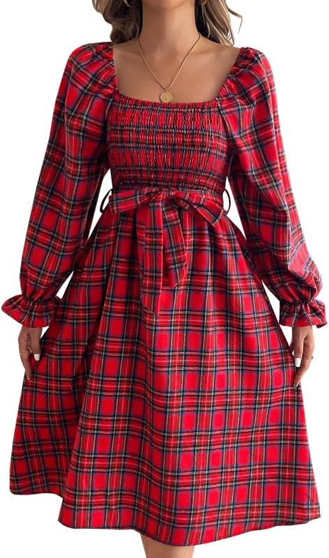 Elegant Checkered Print Dress Long Sleeves Front & Back Cuffs Brushed Elastic Waistband Perfect f... | Amazon (US)