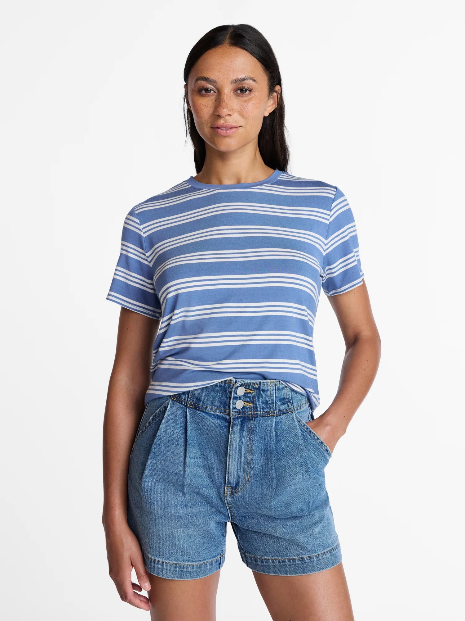 Time and Tru Women's Draped Boxy Tee with Short Sleeves, Sizes XS-XXXL | Walmart (US)