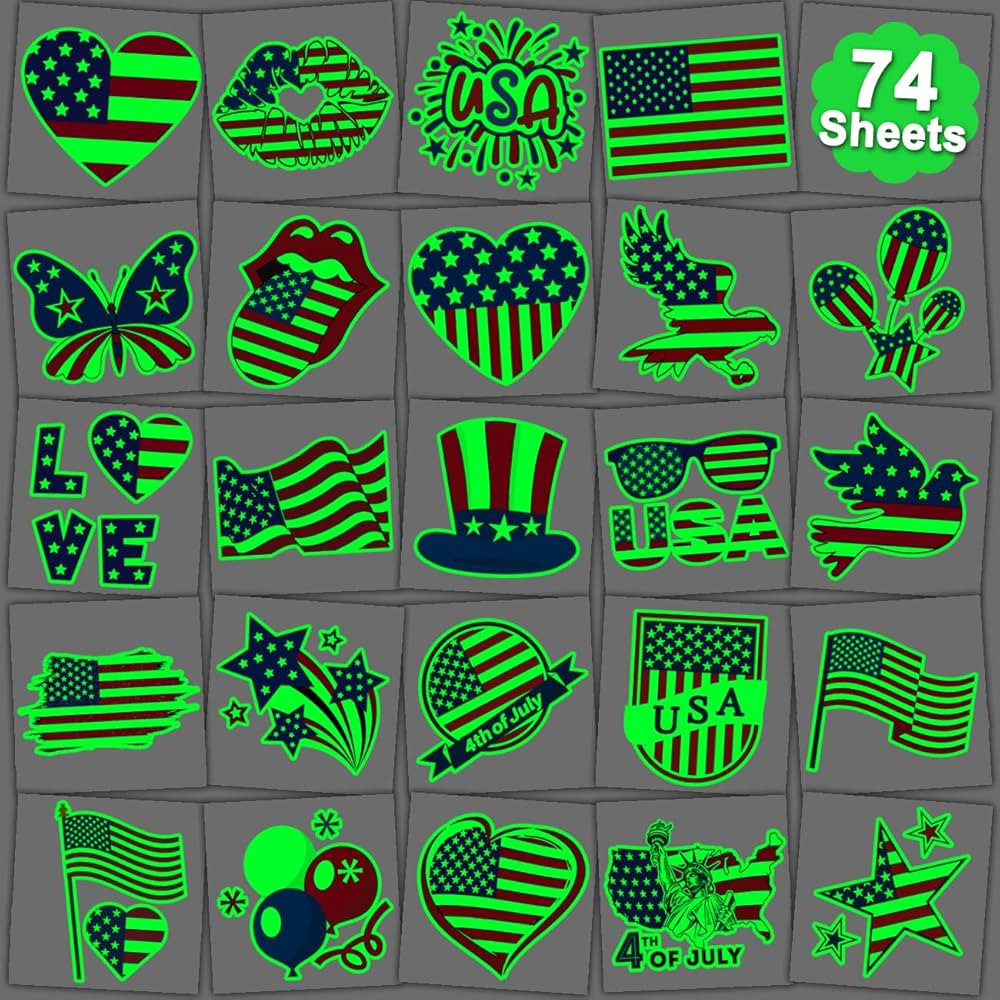 CHARLENT Glow in The Dark 4th of July Temporary Tattoos for Kids - 74 Individually Sheets Luminou... | Amazon (US)