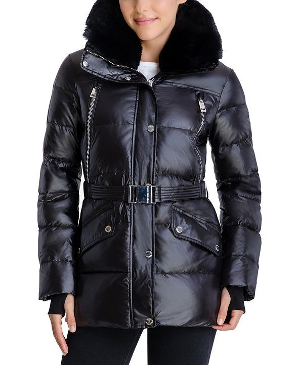 Belted Faux-Fur-Trim Hooded Puffer Coat, Created for Macy's | Macys (US)