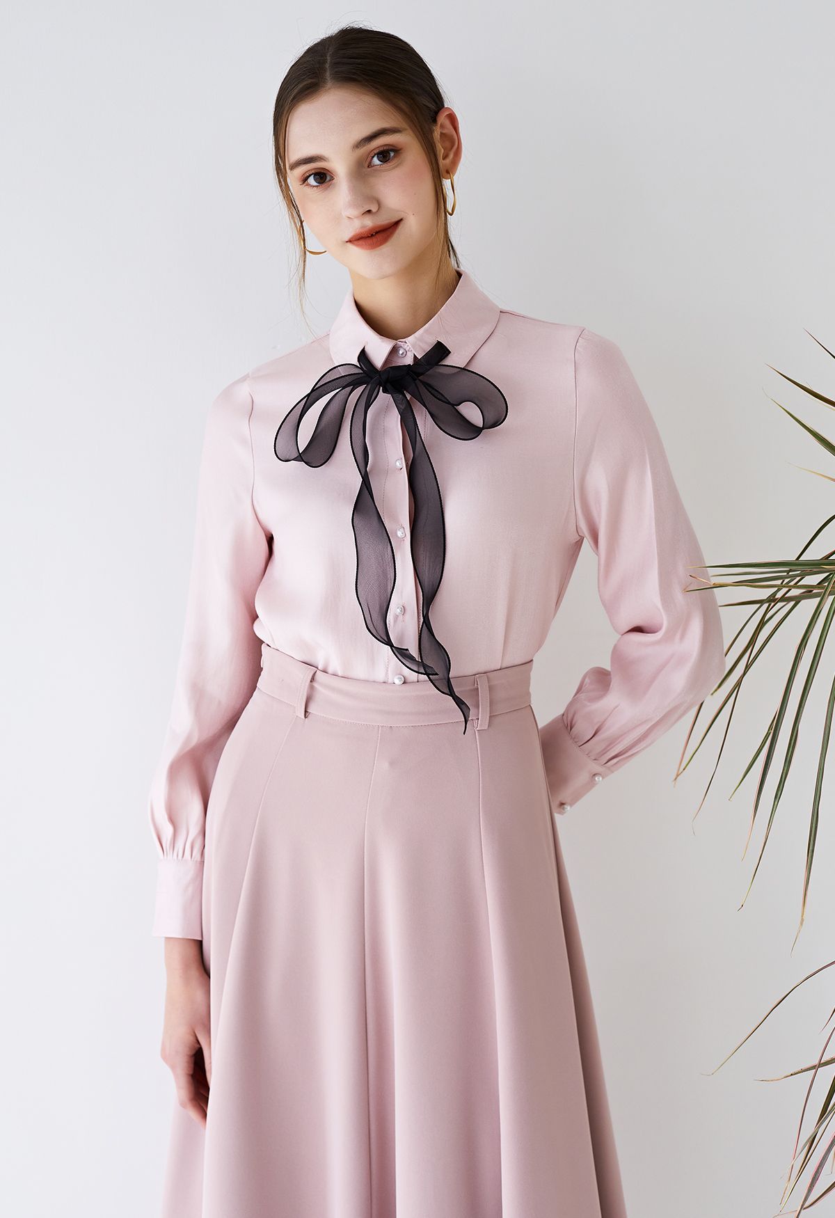 Organza Bowknot Button Down Shirt in Pink | Chicwish