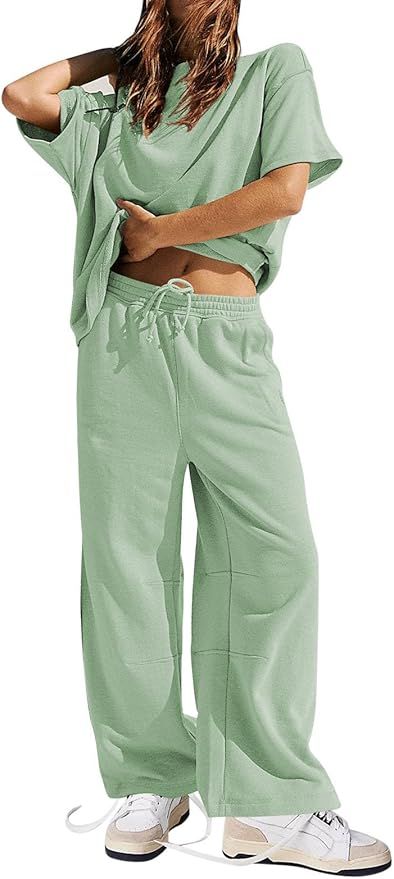 Fixmatti Women 2 Piece Outfit 2024 Summer Short Sleeve Crewneck Sweatshirt Matching Wide Leg Pant... | Amazon (US)