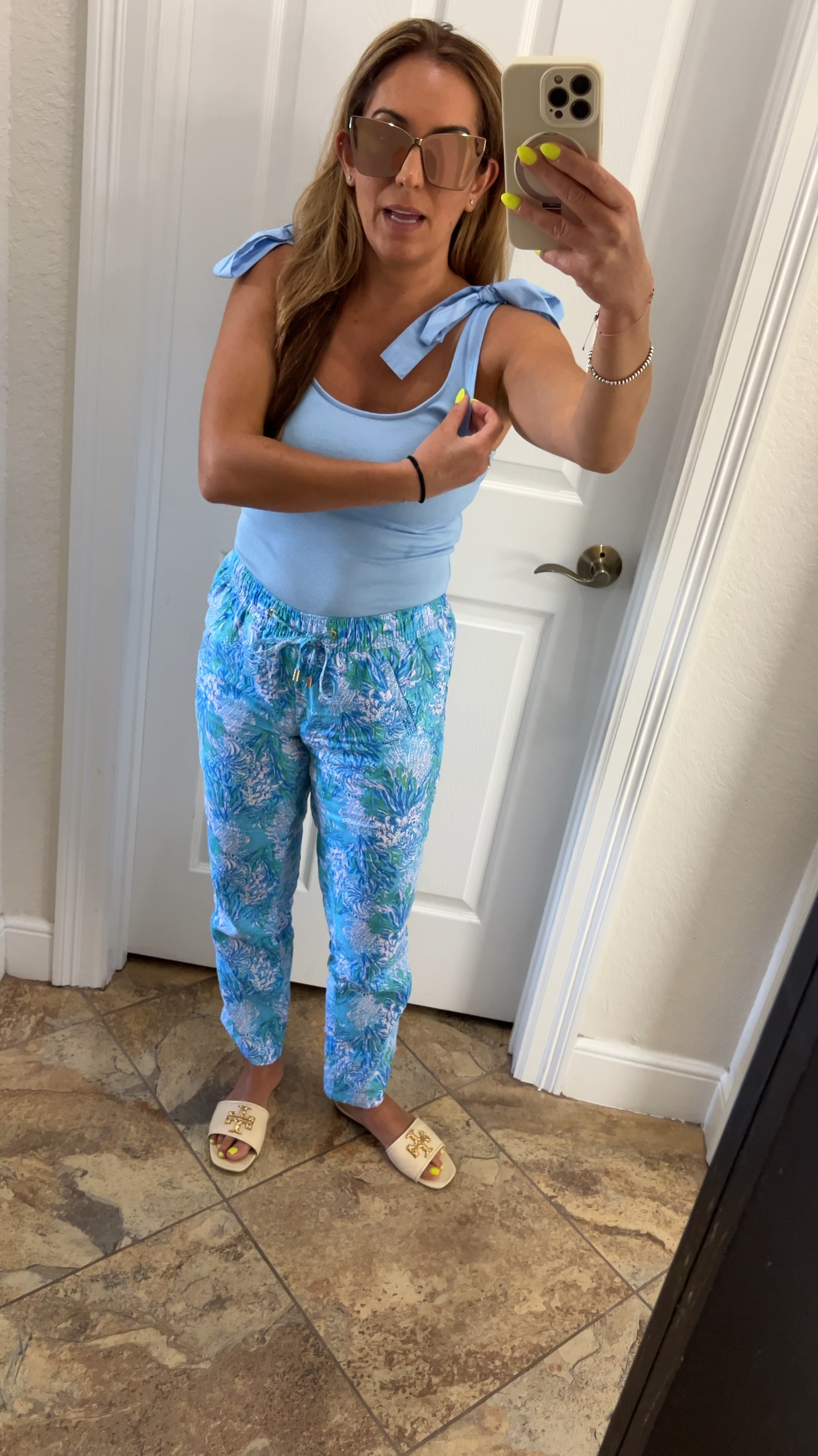 No summer blues here in my Lilly linens and target tank paired with my Tory slides!

#LTKxNSale #LTKShoeCrush #LTKFindsUnder100