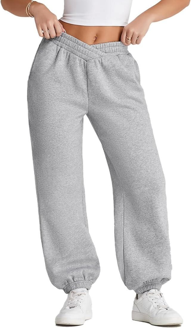 Herseas Women's V Crossover Waist Sweatpants Baggy Y2K Jogger Pants Wide Leg Fleeced Lounge Pants | Amazon (US)