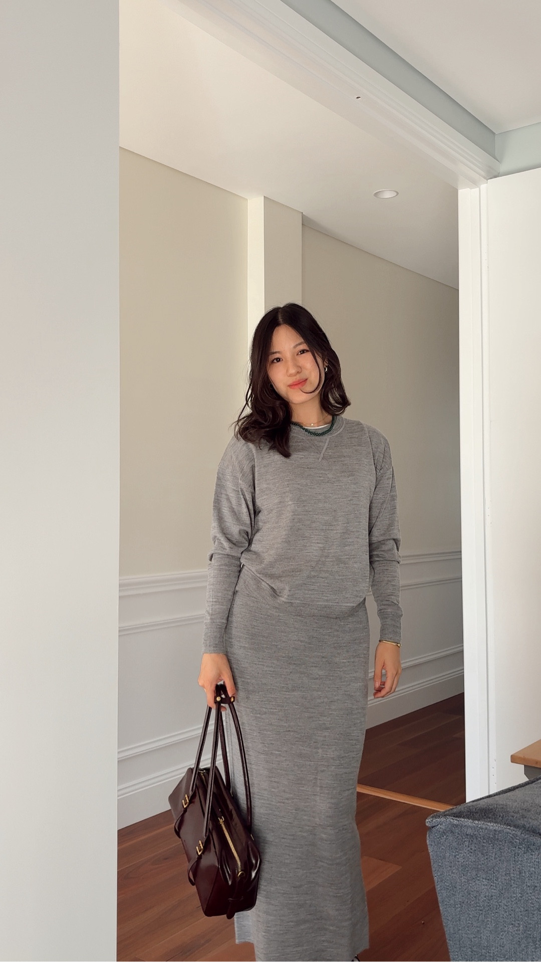 100% merino set. Sizing wise, I’m wearing XXS for top and XS for skirt. The top fits extremely oversized (take one size down) whereas skirt is true to size.