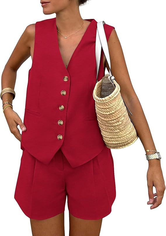PRETTYGARDEN Women's Summer 2 Piece Outfits Sleeveless Matching Sets Button Down V Neck Vest Wais... | Amazon (US)