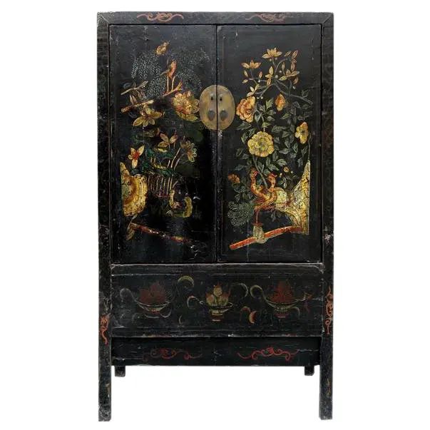 19th Century Chinoiserie-Style Black Elm Cabinet | Chairish