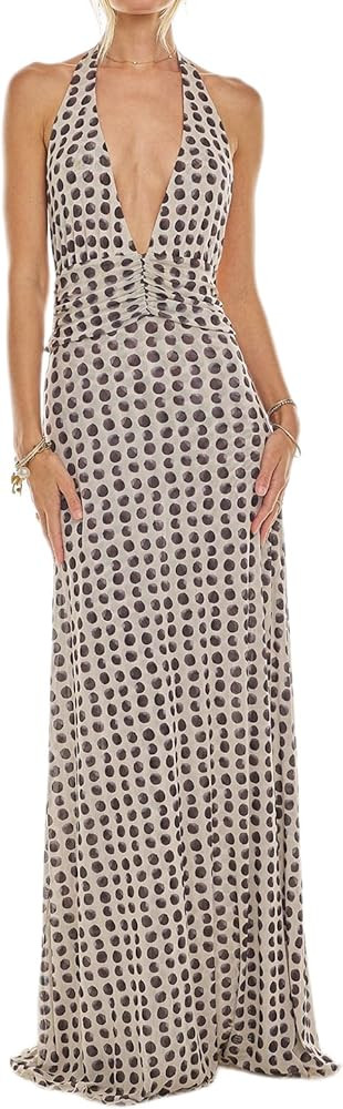 Womens Halter Floral Maxi Dress Deep V Neck Backless Bodycon Long Dresses Y2k Formal Cocktail Goi... | Amazon (US)