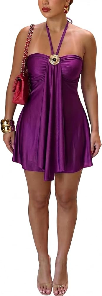 Women's Satin Halter Mini Dress Backless Ruched Bust Flowy A Line Sundress for Summer Cocktail Pa... | Amazon (US)