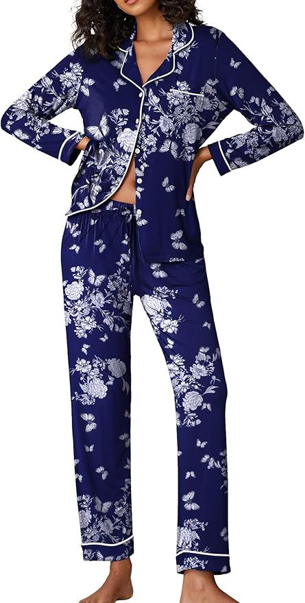 Ekouaer Pajamas Women's Long Sleeve Sleepwear Soft Button Down Loungewear Pjs Set Nightwear XS-XX... | Amazon (US)